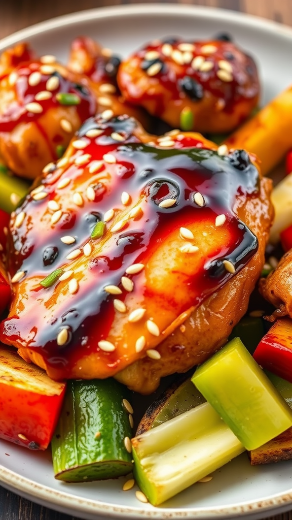 A plate of teriyaki chicken topped with sesame seeds, served with colorful grilled vegetables.