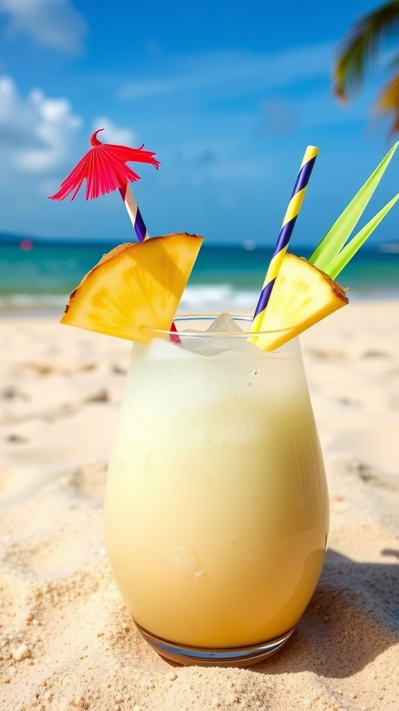 A refreshing glass of coconut water with pineapple slices and colorful straws on a sandy beach