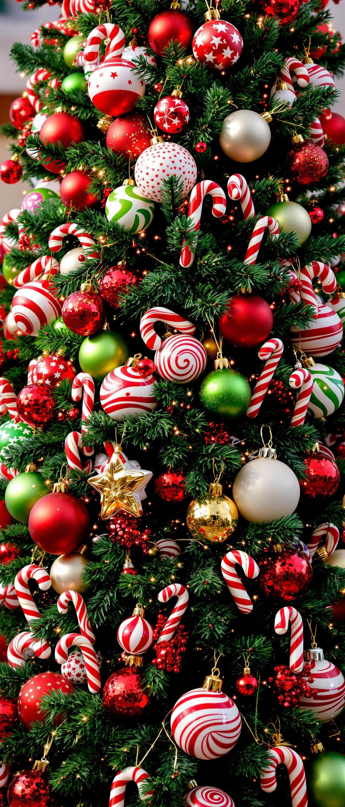 A beautifully decorated Christmas tree filled with red, green, and white ornaments, including candy canes.