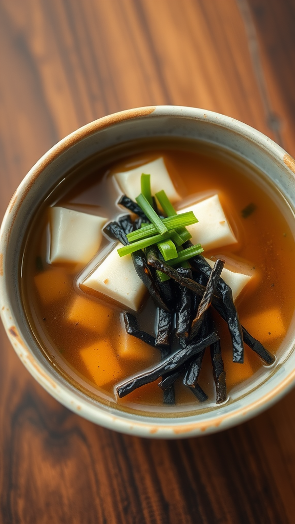 A bowl of miso soup with tofu and seaweed topped with green onions.