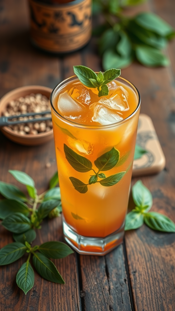 A refreshing herbal drink in a glass, garnished with mint leaves, served with ice, and surrounded by fresh herbs on a wooden table.