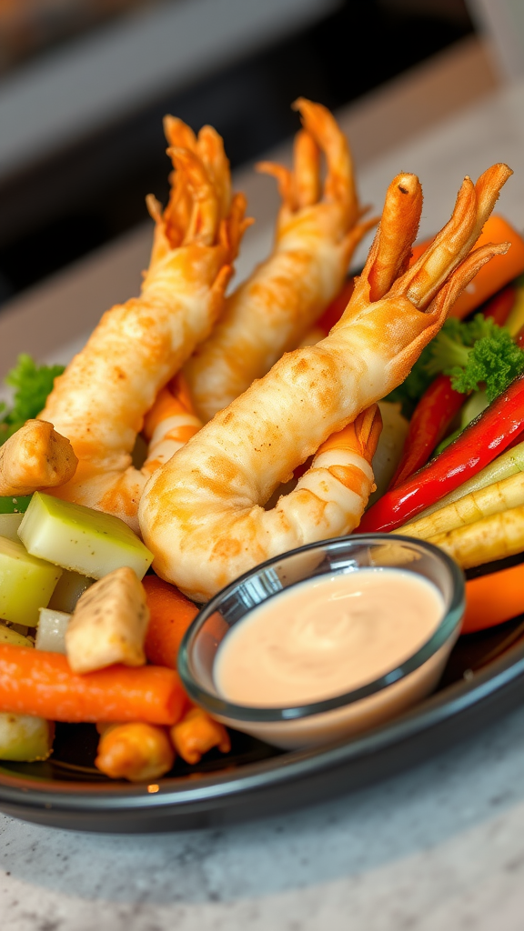 A plate of crispy tempura shrimp and vegetables with a dipping sauce