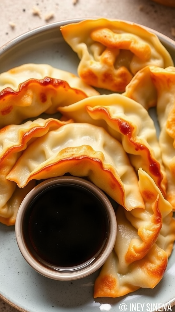 A plate of crispy gyoza with a small bowl of dipping sauce.