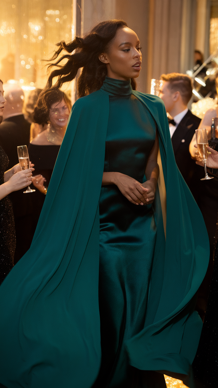 A model wearing a dramatic green cape dress at a glamorous event.