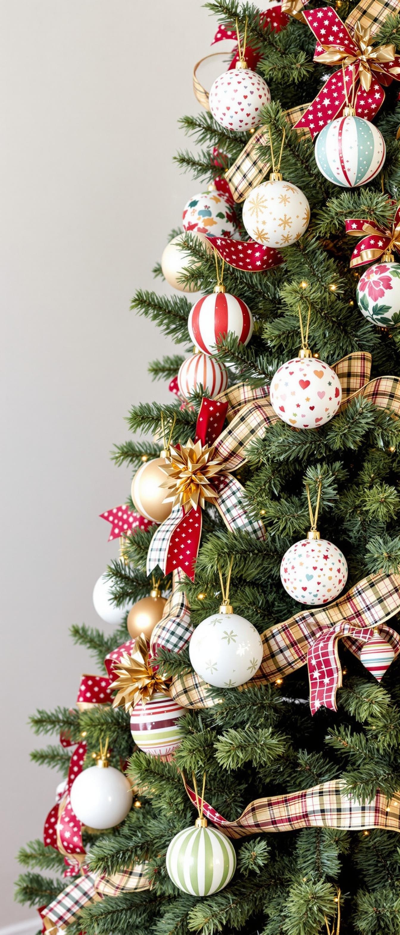 A beautifully decorated Christmas tree with a variety of colorful ornaments and ribbons.