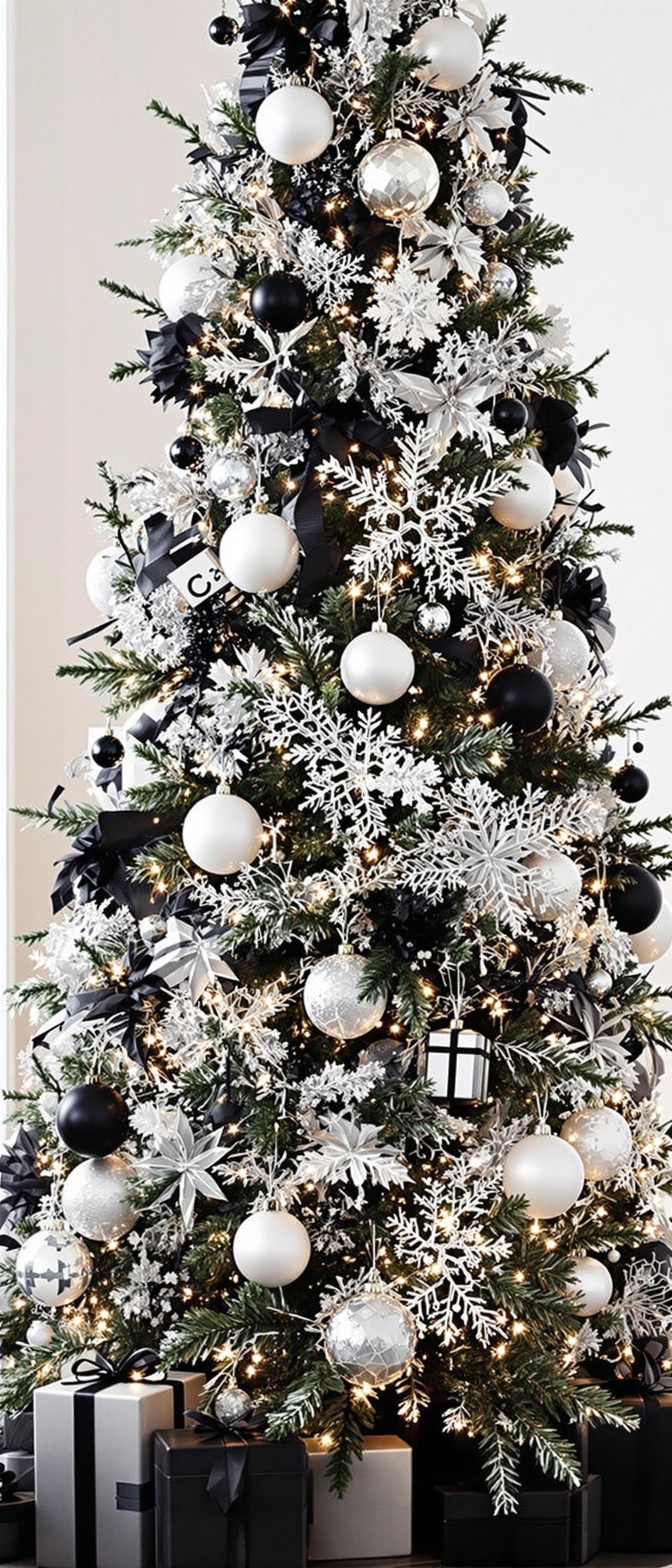 A beautifully decorated Christmas tree with black, white, and silver ornaments and gifts at the base.