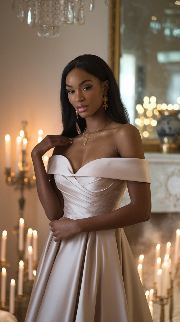 A model wearing an elegant off-shoulder evening dress with a soft fabric and delicate details.