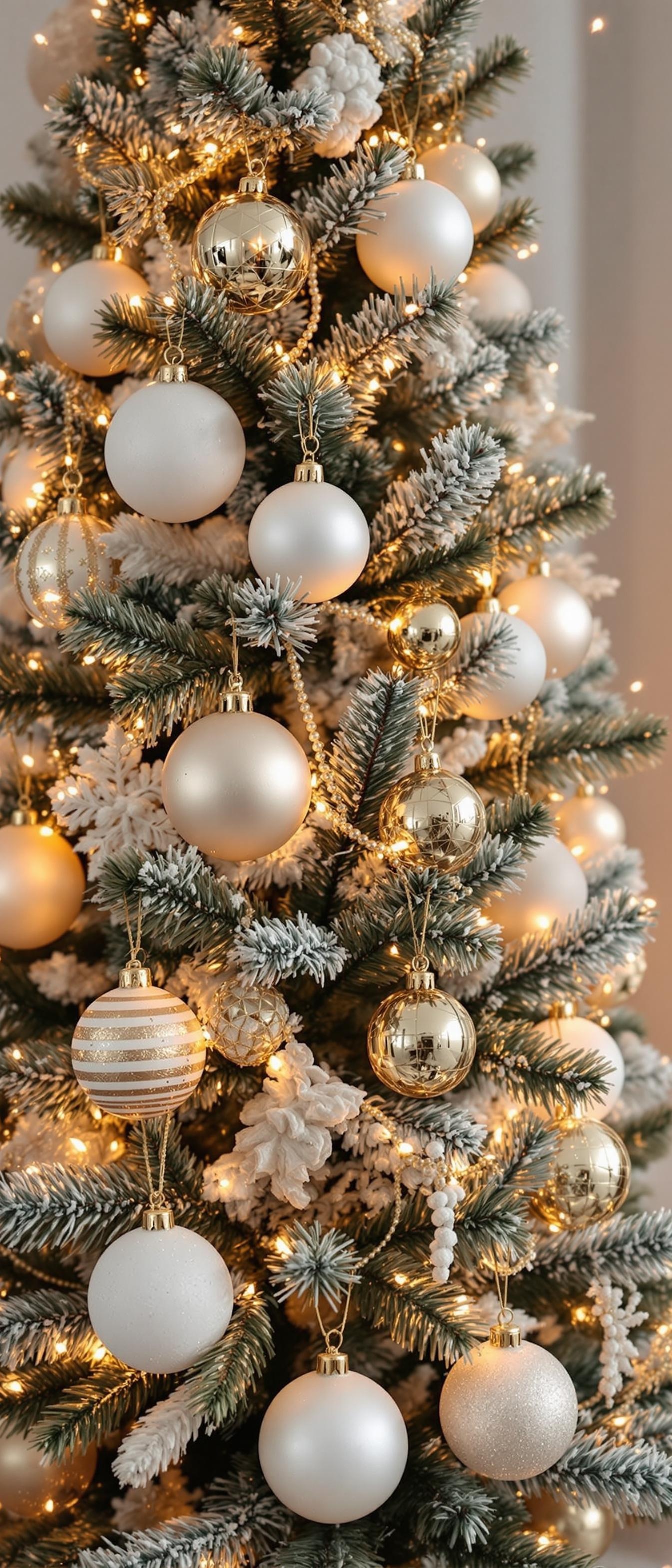 A beautifully decorated Christmas tree with white and gold ornaments and lights.