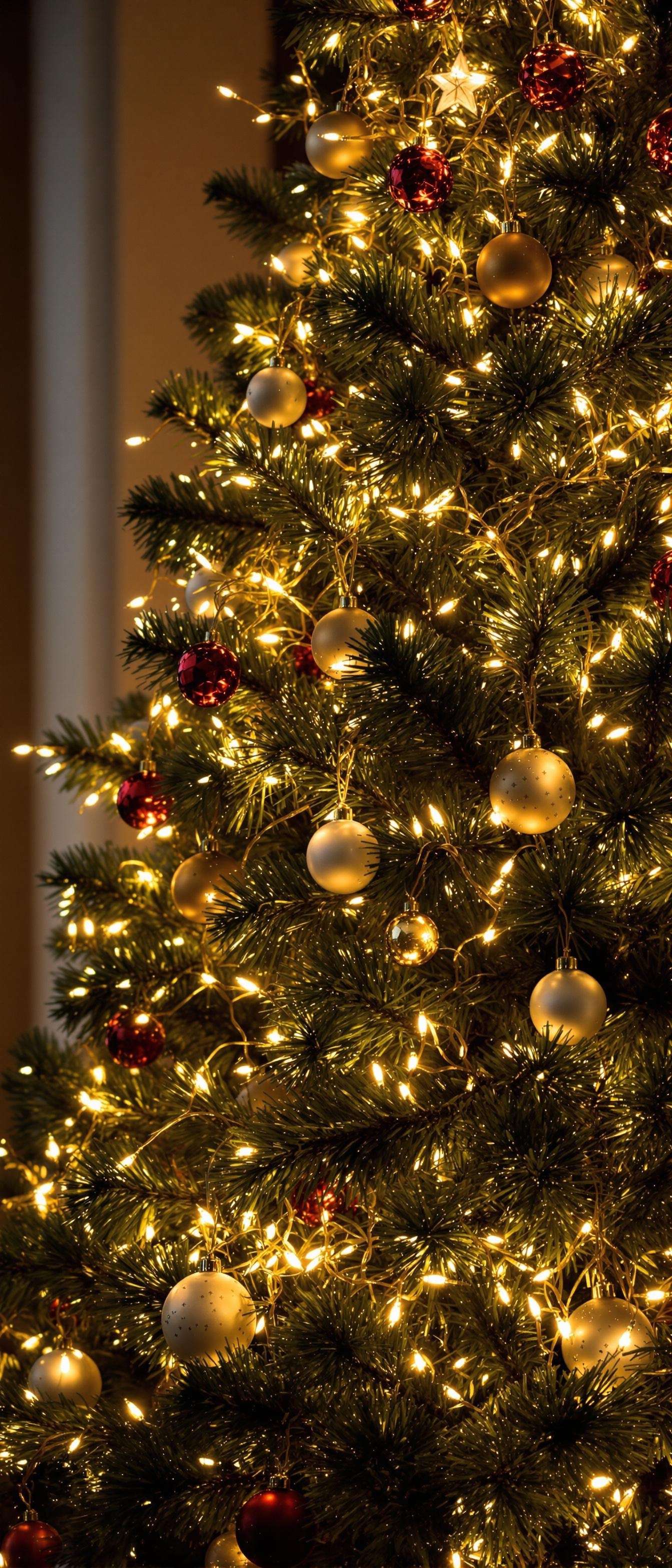 Close-up of a Christmas tree decorated with warm fairy lights and colorful ornaments.