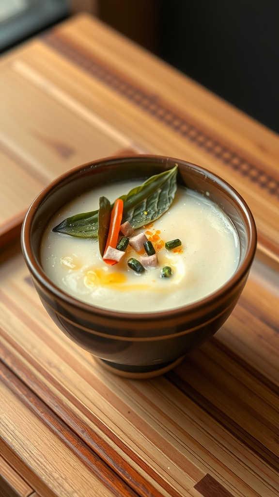 A bowl of chawanmushi, Japanese steamed egg custard, garnished with colorful vegetables and herbs.