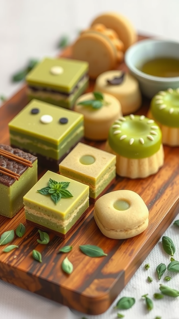 An assortment of matcha green tea desserts including layered cakes, round treats, and cookies on a wooden platter.