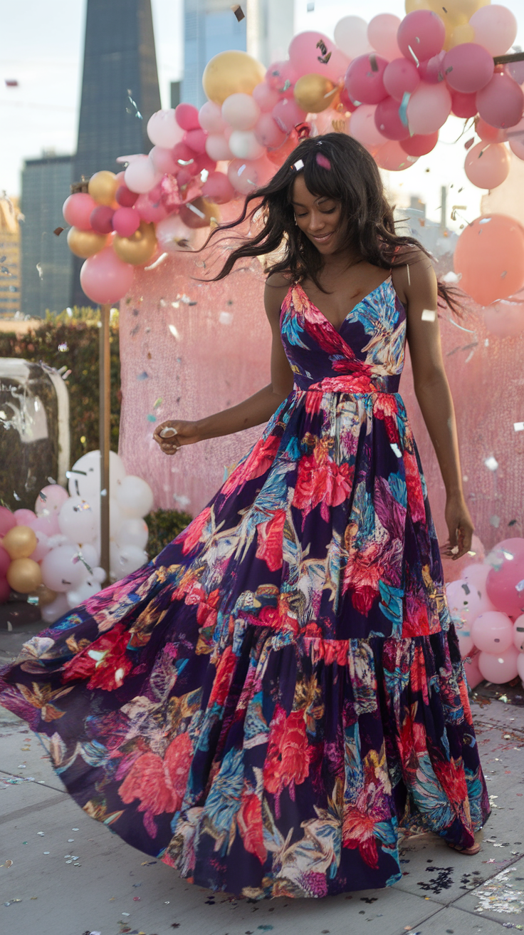 A woman twirling in a colorful floral print maxi dress, surrounded by balloons and confetti.