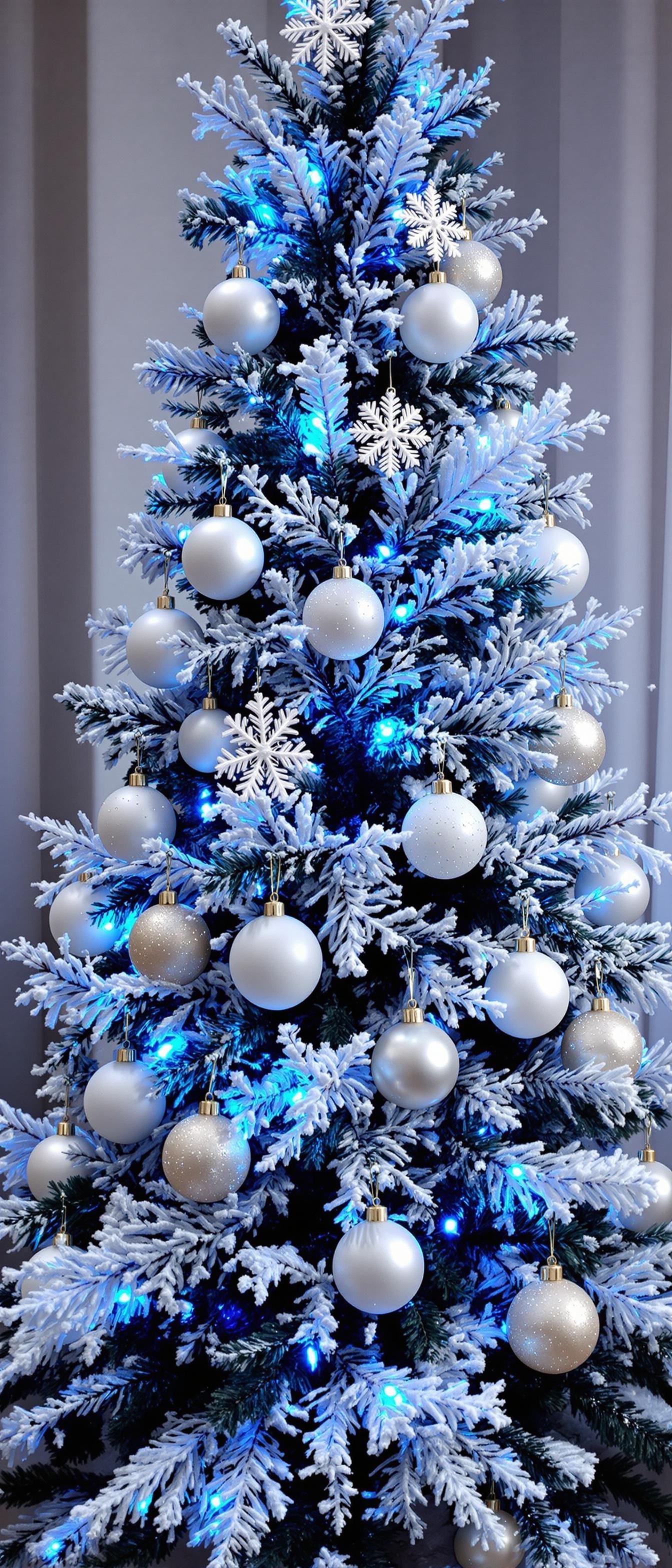 Decorated Christmas tree with frosty branches and blue lights