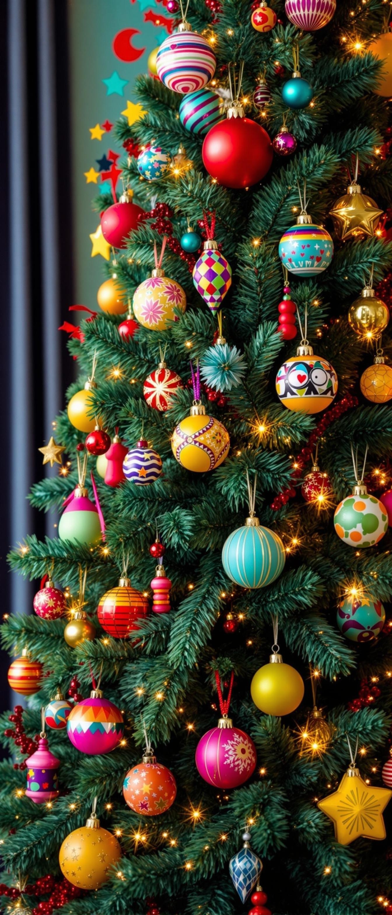 A colorful Christmas tree decorated with various retro ornaments and twinkling lights.