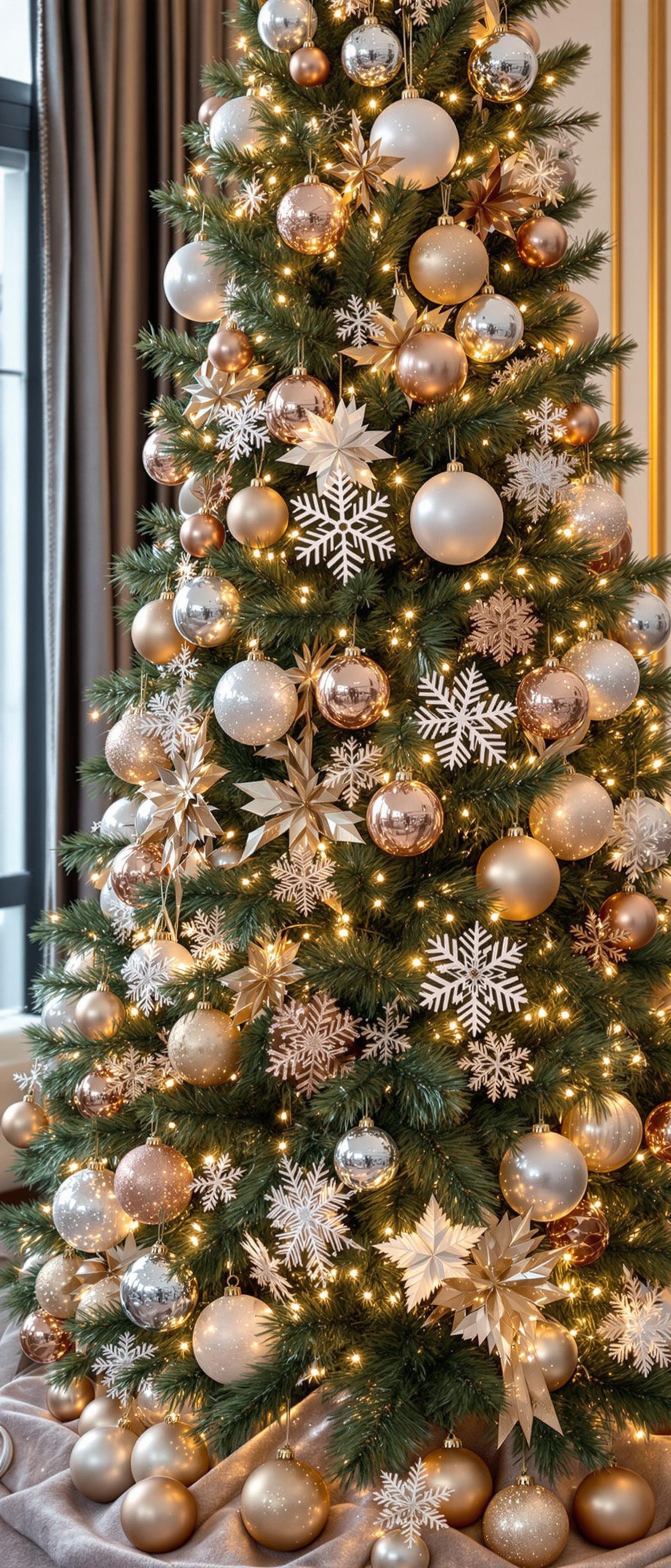 Christmas tree decorated with metallic ornaments and snowflakes