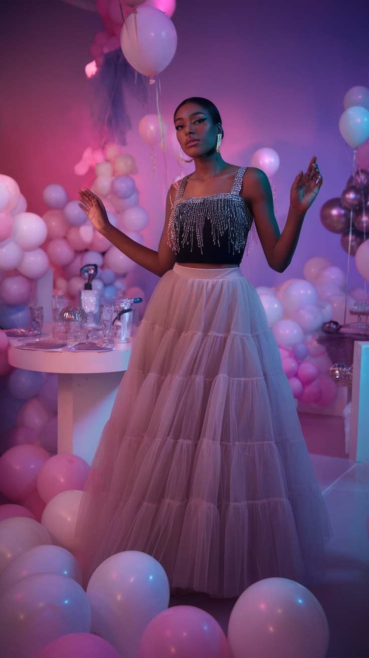 A woman in a glamorous tulle skirt standing amidst colorful balloons