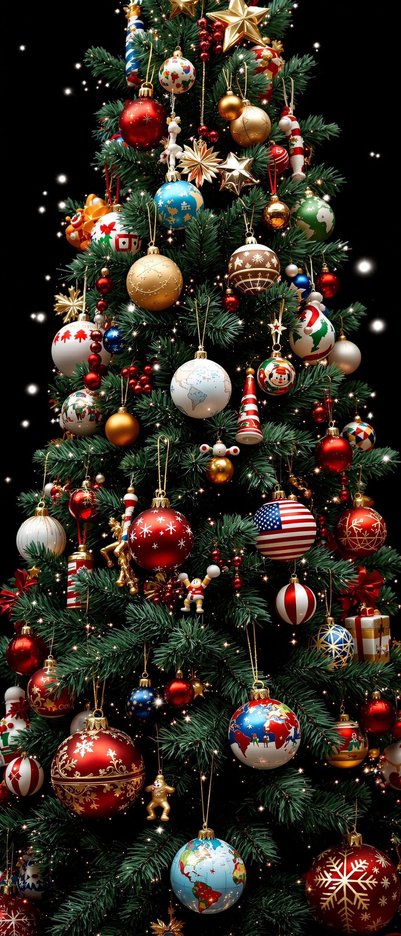 A festive Christmas tree decorated with colorful ornaments from different countries.