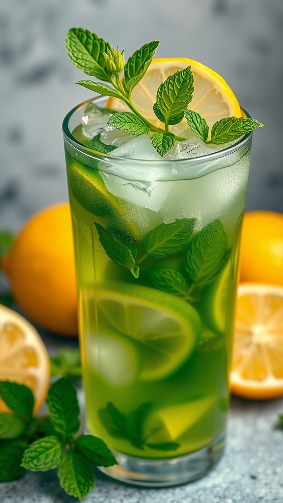 A refreshing glass of green tea with mint and lemon slices