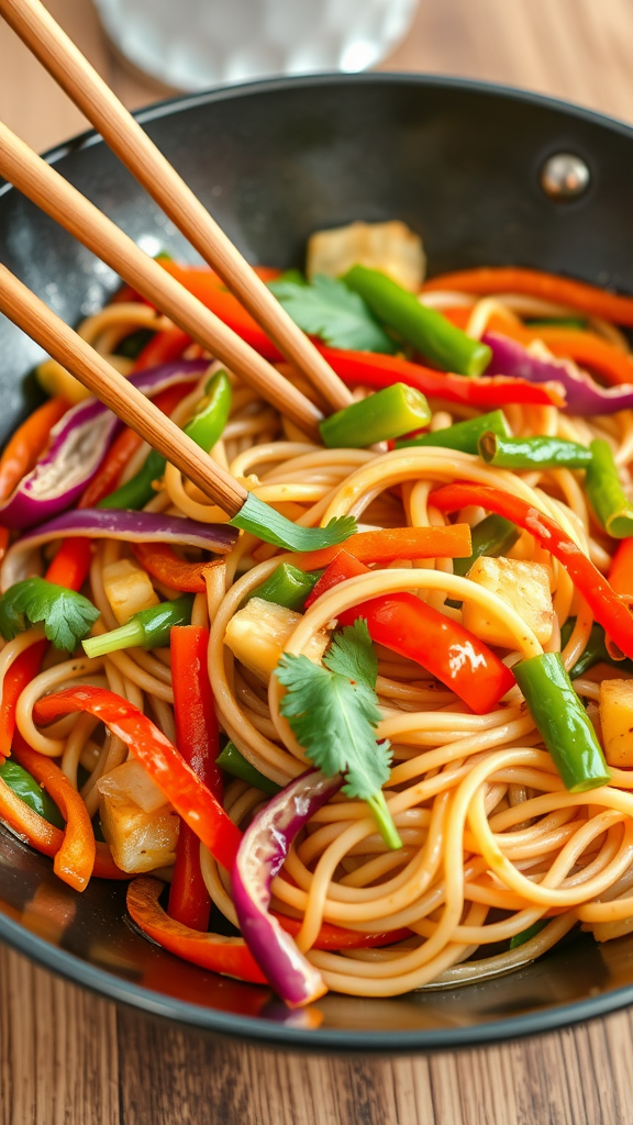 A bowl of udon noodle stir-fry with colorful vegetables and chopsticks