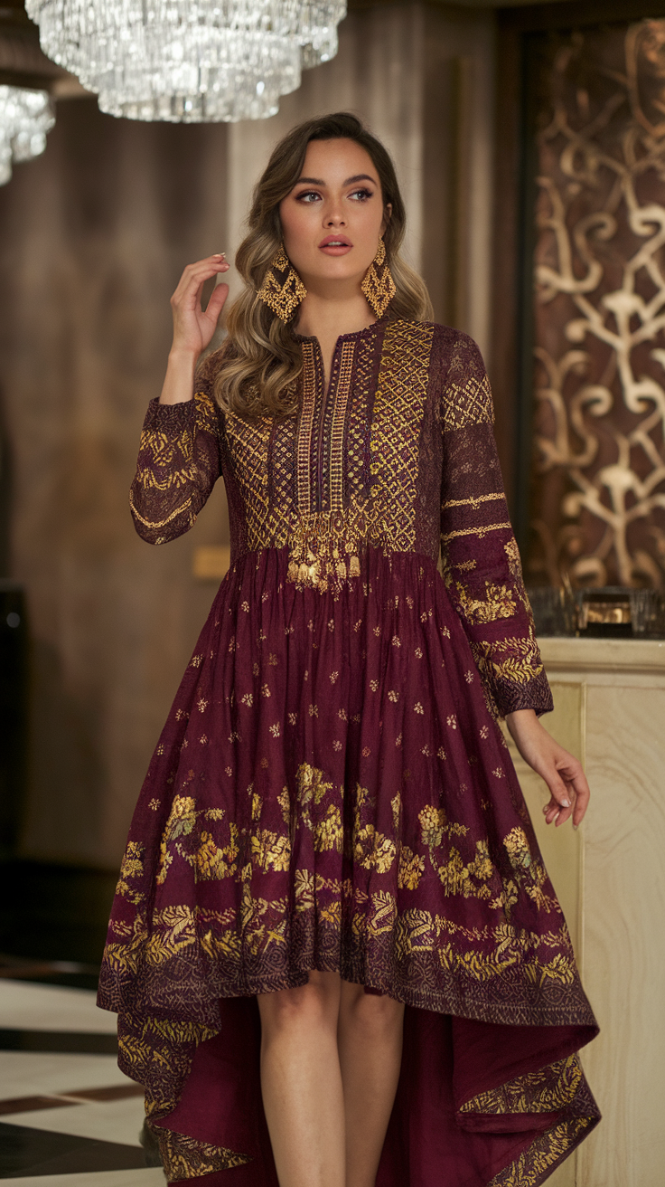 A woman wearing a high-low dress with intricate golden patterns and statement earrings.