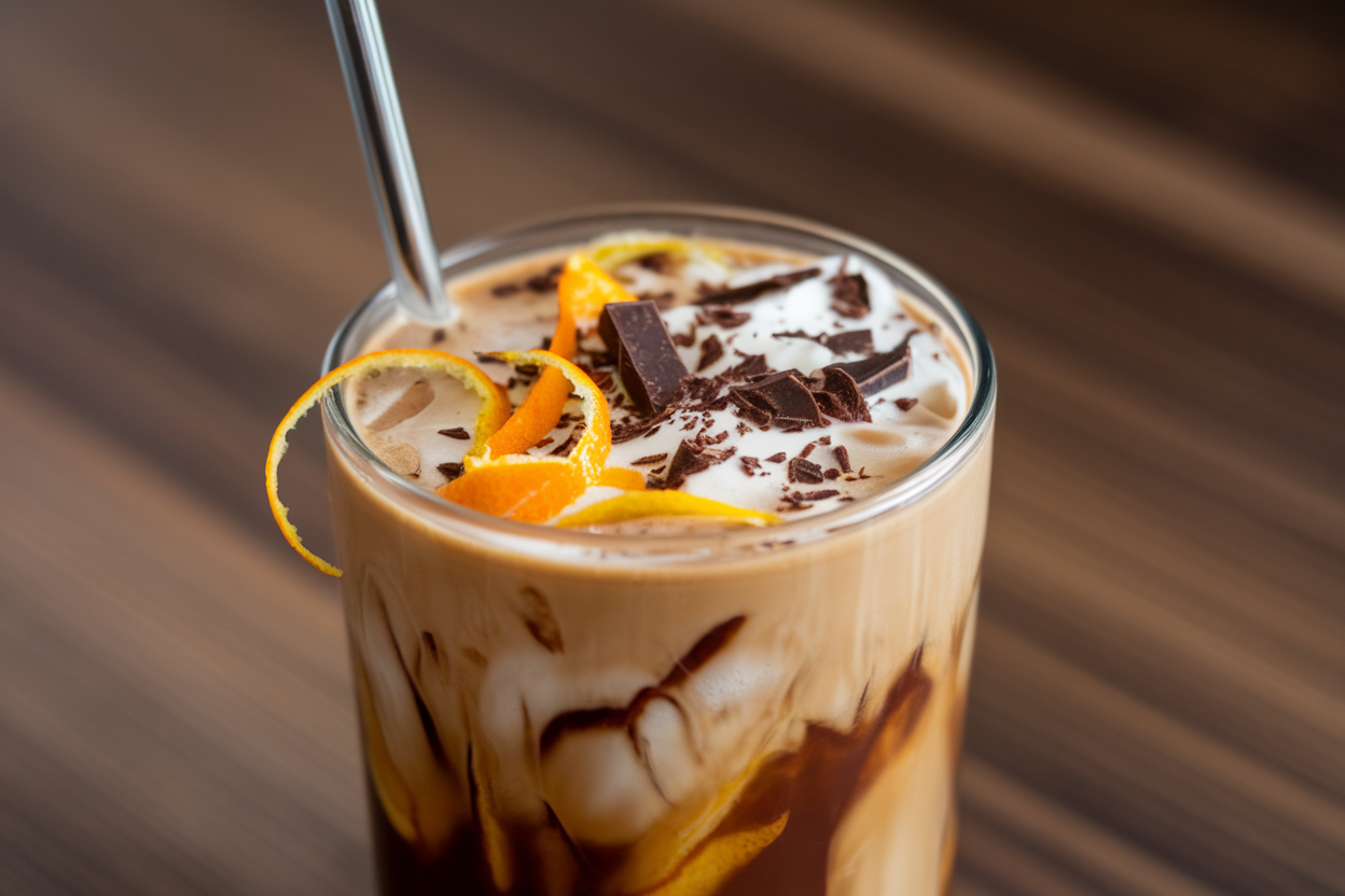 Iced Coffee with Orange Zest and Dark Chocolate Shavings