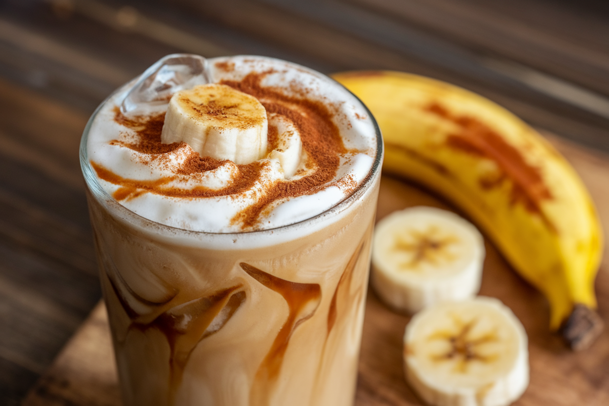 Caramelized Banana Iced Coffee with Cinnamon Swirl