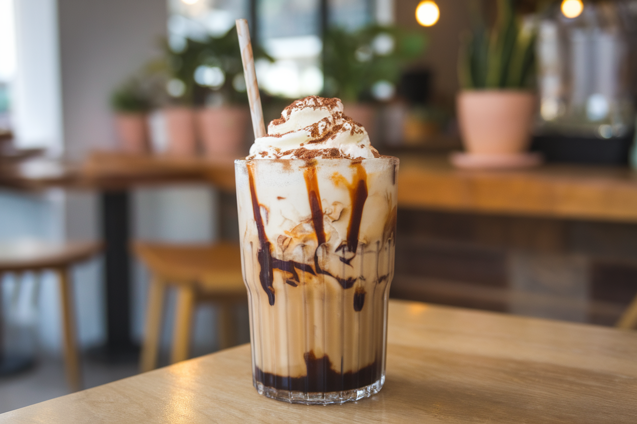 Iced Coffee Float with Coffee Ice Cream and Chocolate Syrup