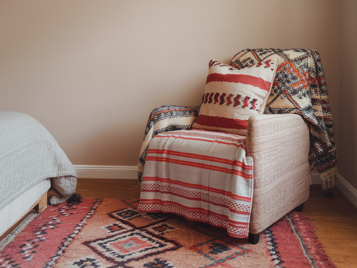 Layered Textiles: Moroccan Rugs and Throw Pillows