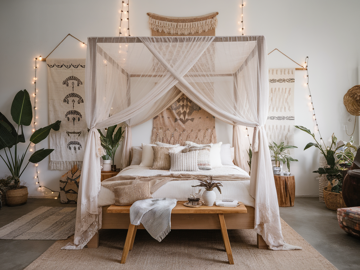 Boho-Chic Canopy Bed with Sheer Fabrics