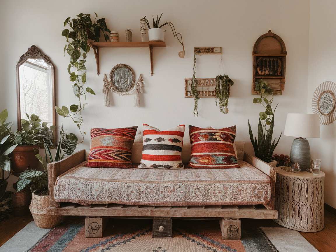 Colorful Kilim Cushions on a Rustic Daybed