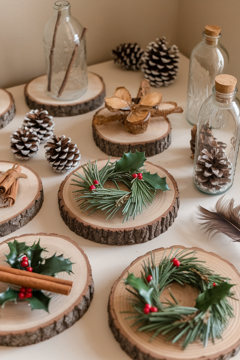 Natural Wood Slice and Evergreen Wreath Ornaments