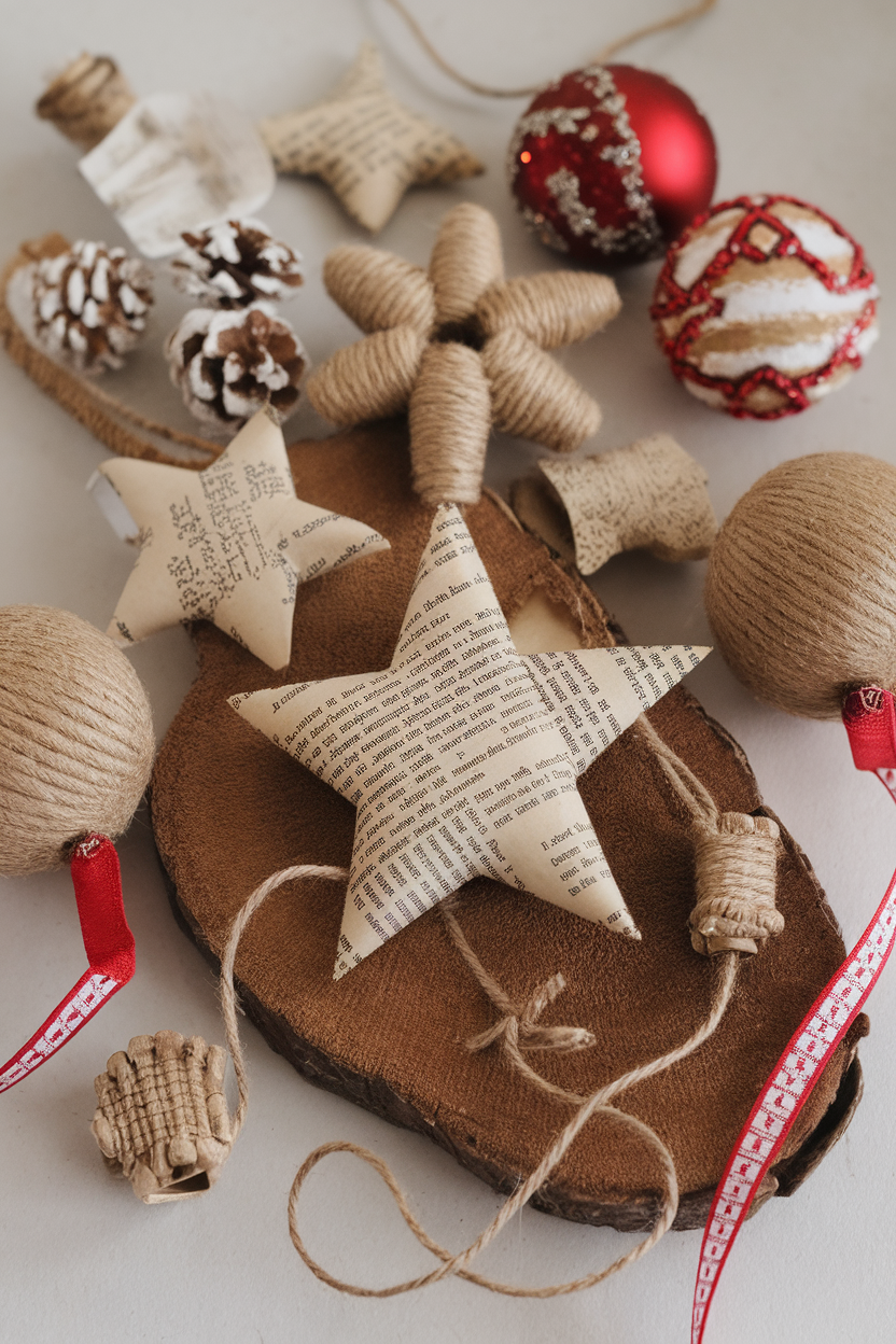 Vintage Book Page and Twine Star Ornaments