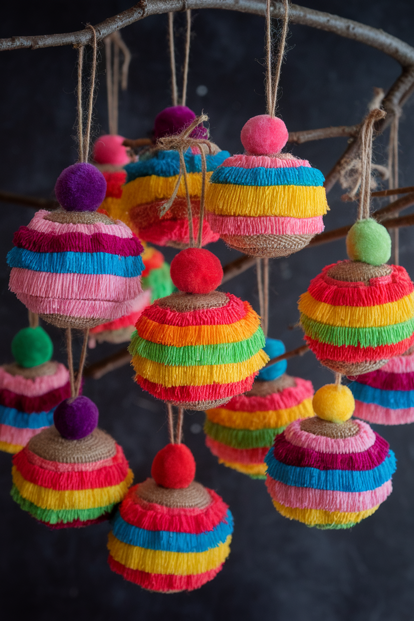 Brightly Colored Pom-Pom and Twine Christmas Baubles