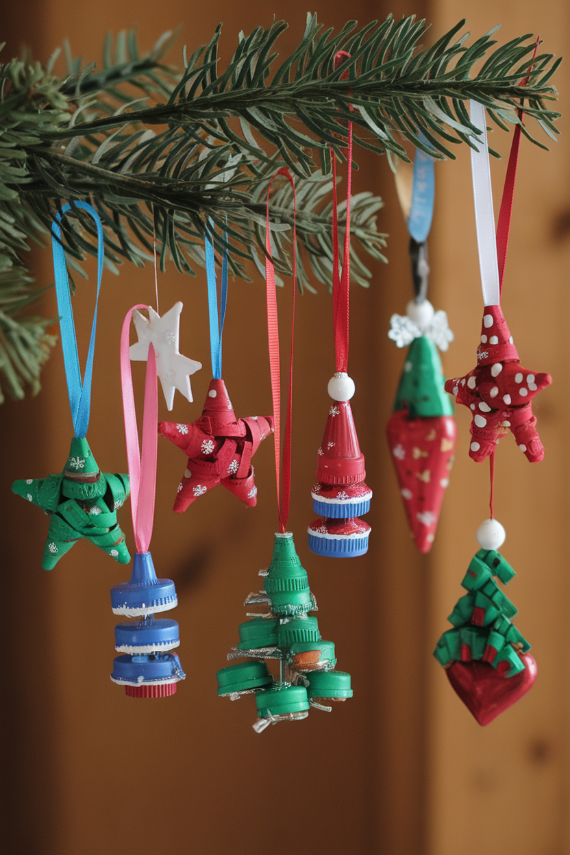 Upcycled Bottle Cap and Ribbon Holiday Decorations