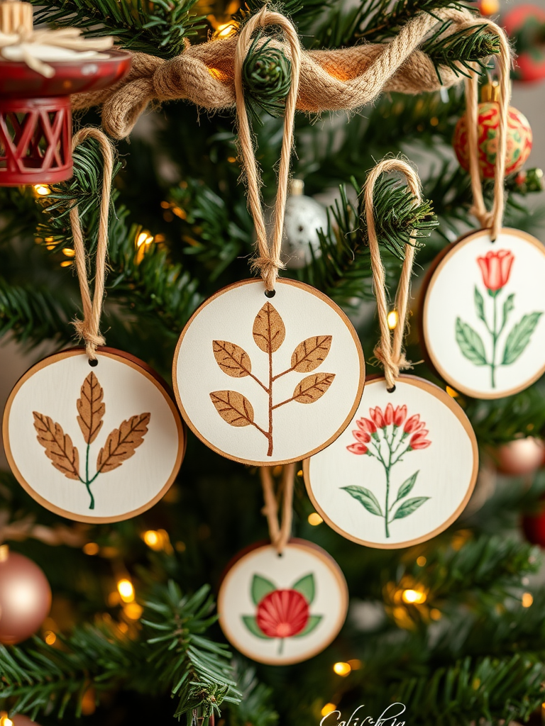 Wooden Ornaments with Nature Prints