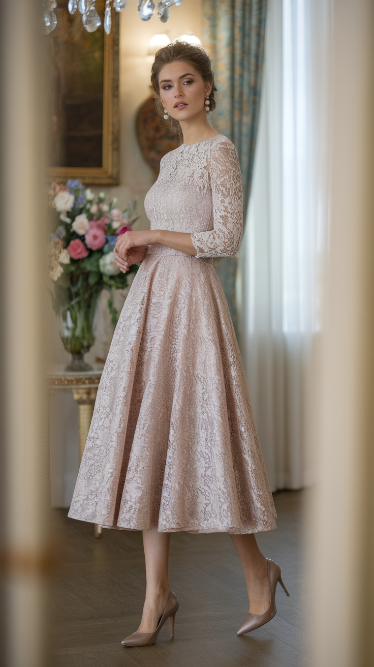 A woman in a lace A-line dress and classic pumps, standing elegantly in a room with flowers.