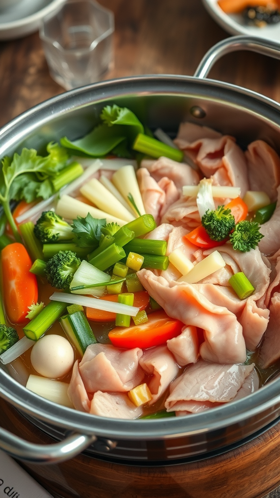 A pot of layered Shabu Shabu with fresh vegetables and meat