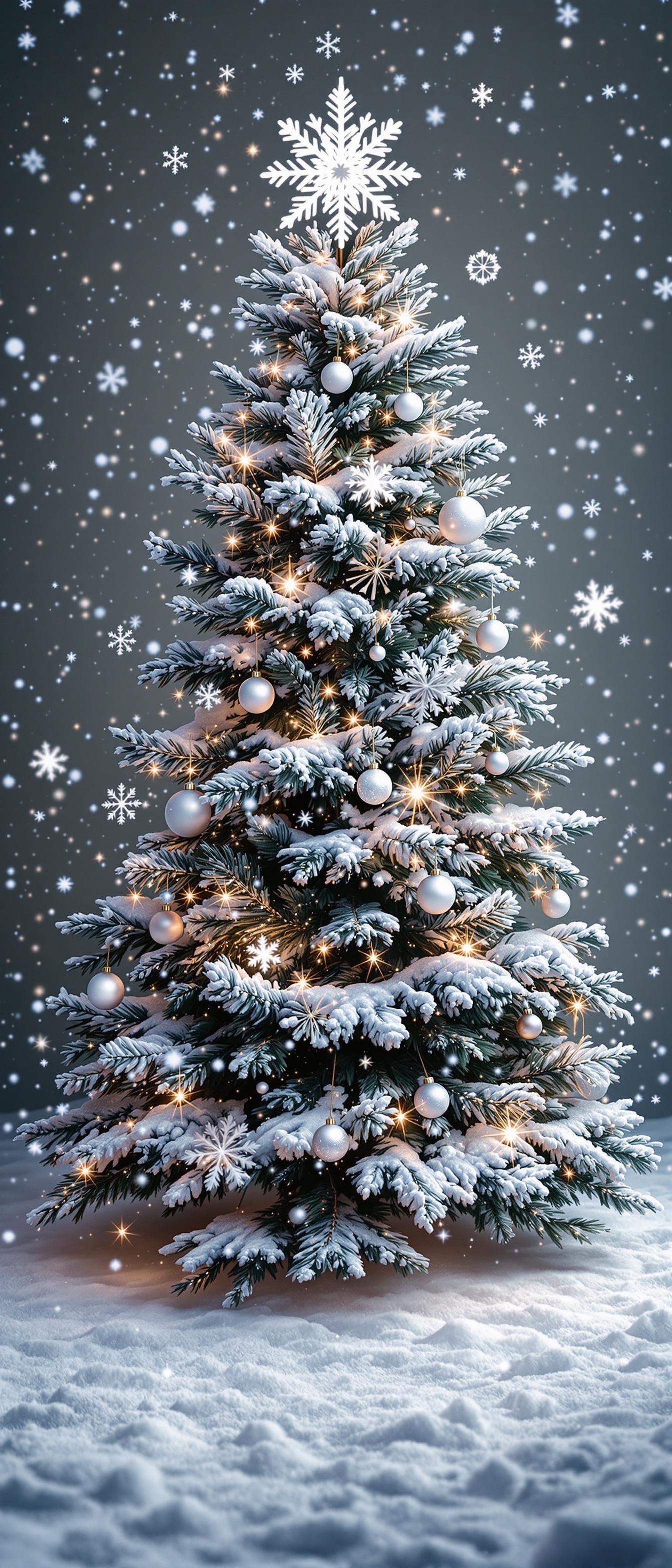 A decorated Christmas tree with snowflakes falling around it.