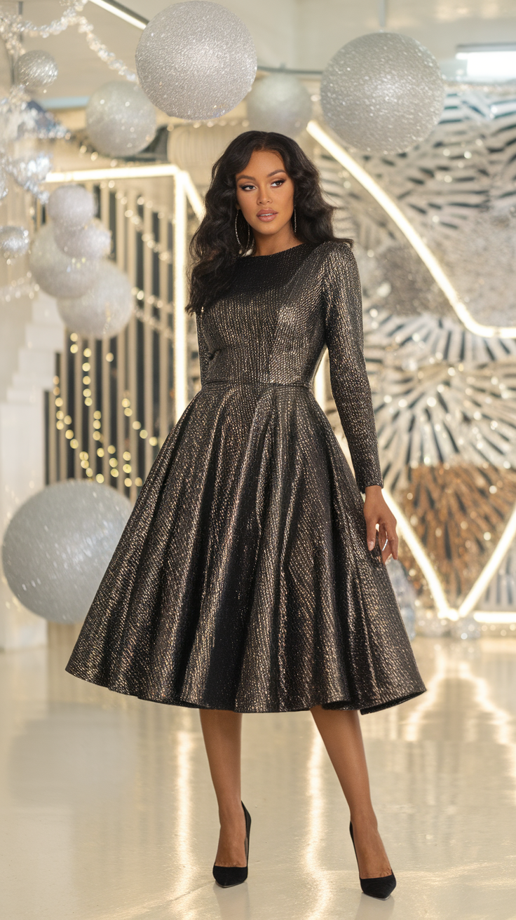 A model wearing a metallic A-line dress with long sleeves and a flared skirt, standing in a stylish setting.