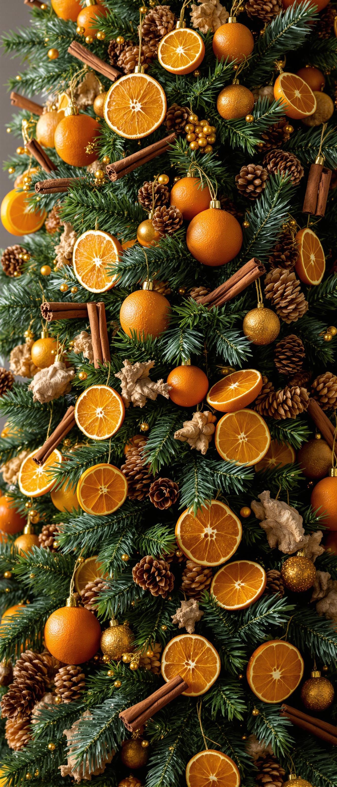 Decorated Christmas tree with oranges, pinecones, and cinnamon sticks.