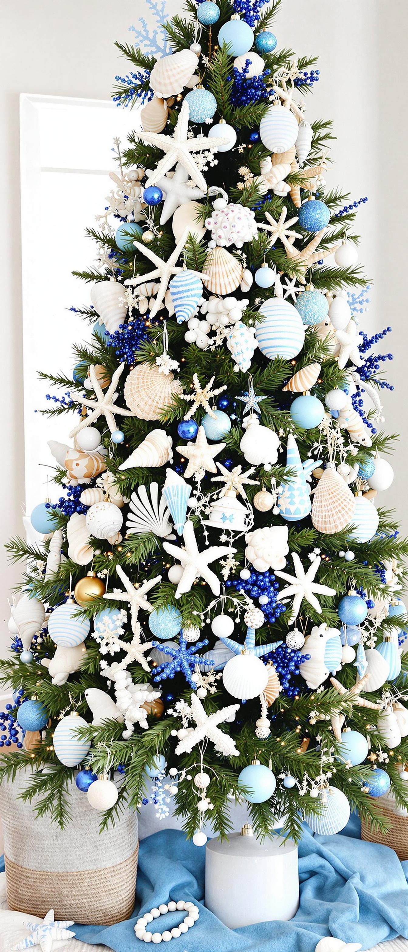 A beautifully decorated nautical themed Christmas tree adorned with seashells, starfish, and blue and white ornaments.