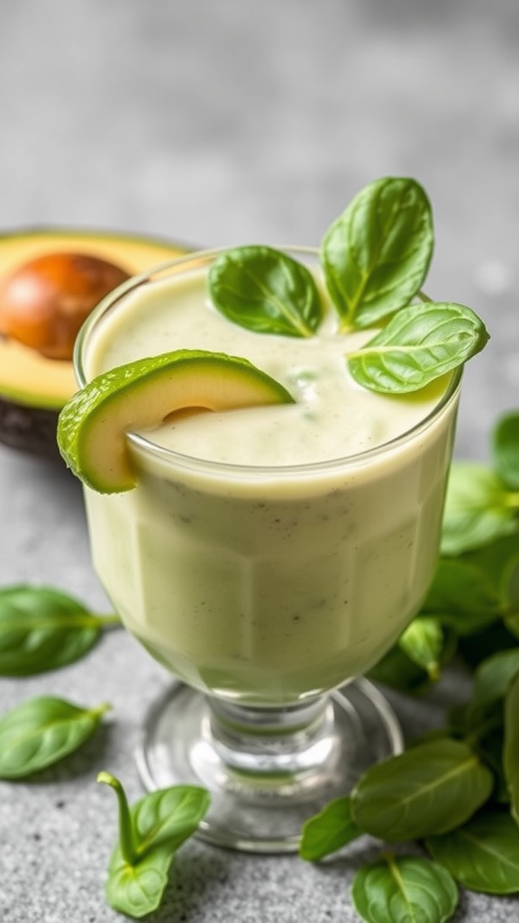 A creamy avocado and spinach smoothie garnished with basil leaves and avocado slice, with fresh spinach leaves around it.