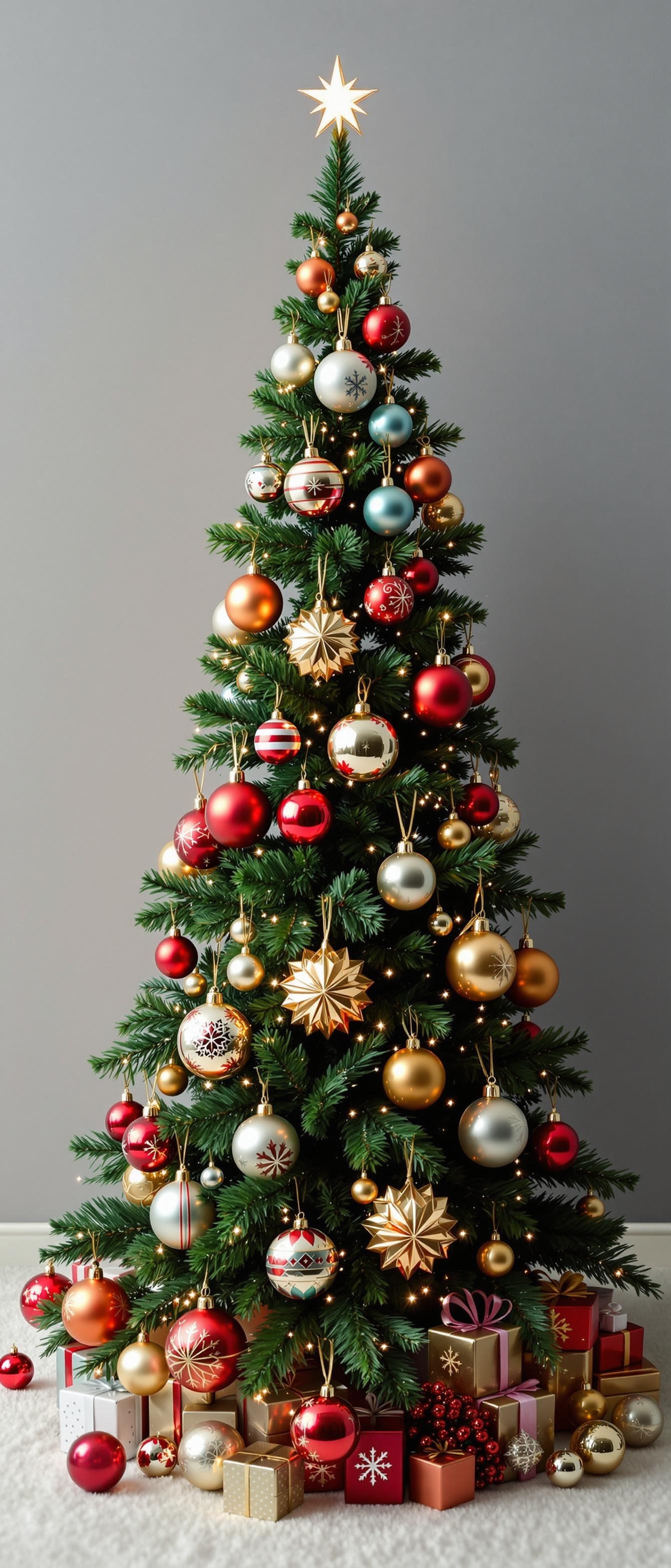 Decorated Christmas tree with colorful ornaments and gifts underneath.