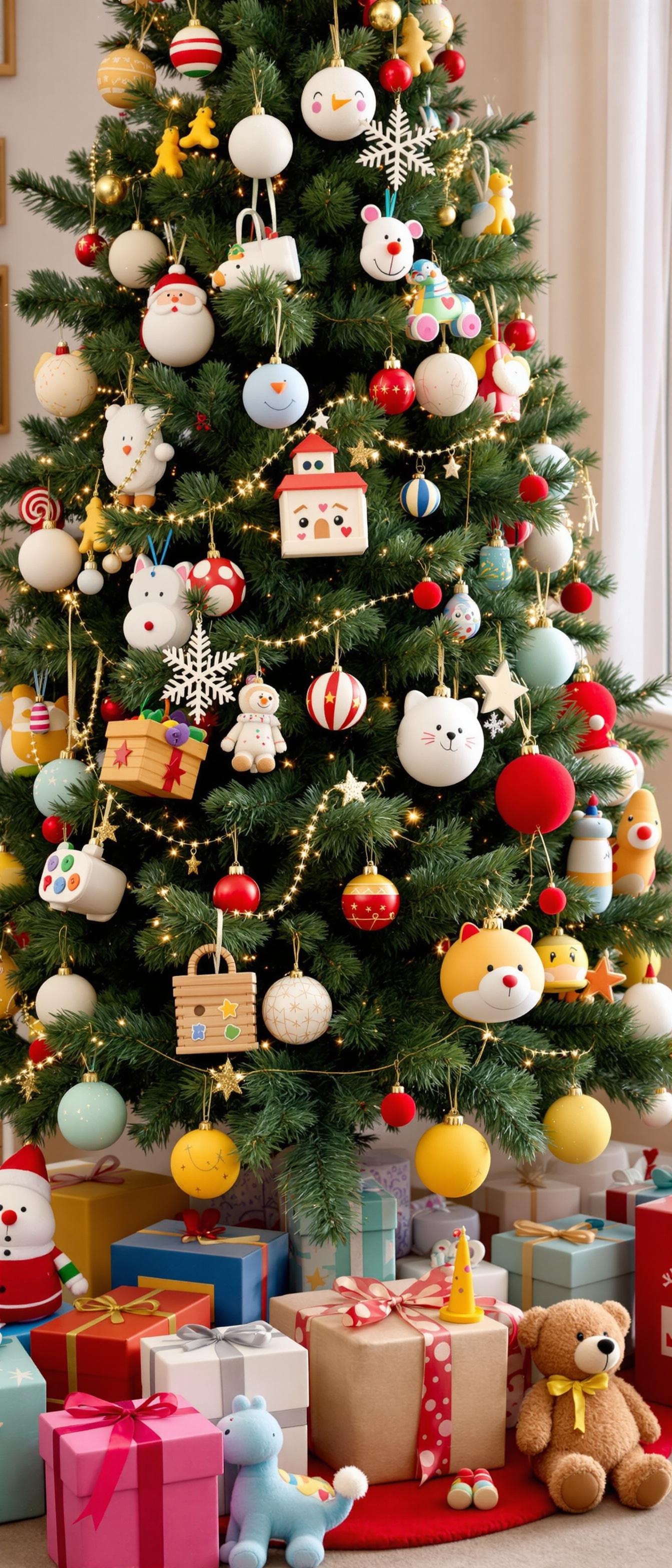 A decorated Christmas tree with playful ornaments and wrapped gifts underneath.