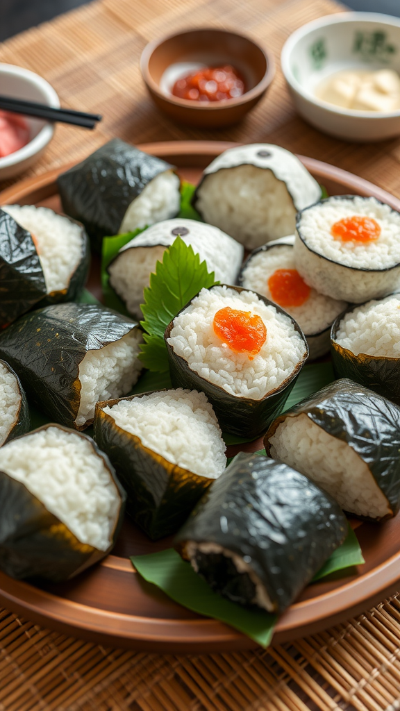 A platter of onigiri rice balls wrapped in seaweed, featuring various fillings and sides.