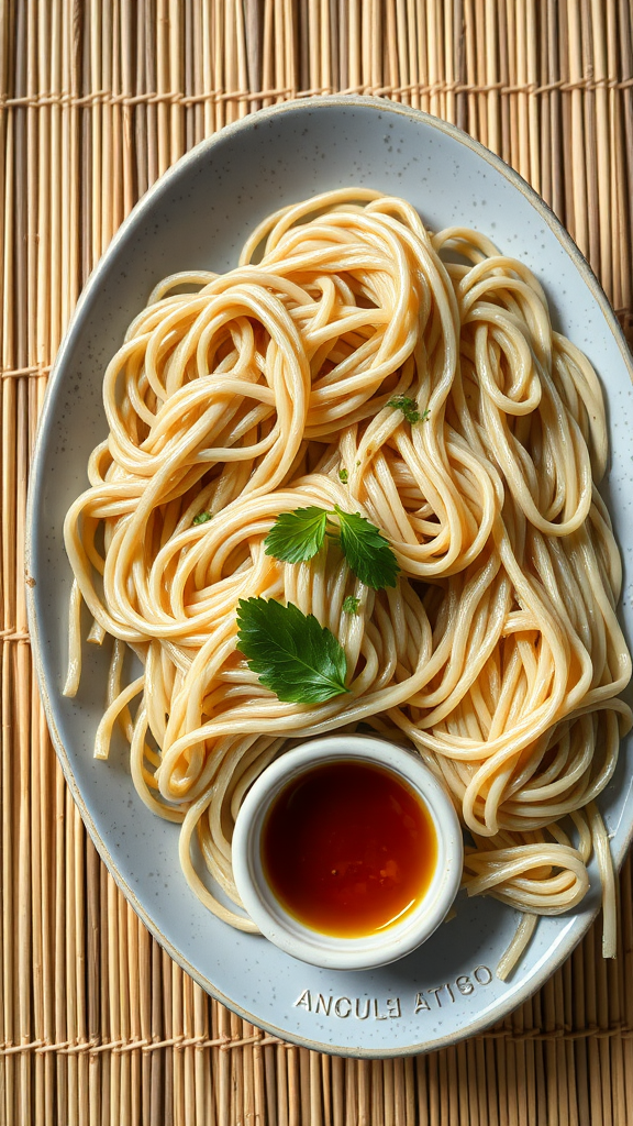 A plate of chilled soba noodles with a dipping sauce