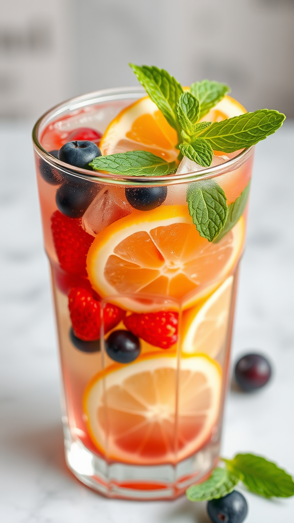 A refreshing drink with lemon slices, strawberries, and blueberries garnished with mint leaves.