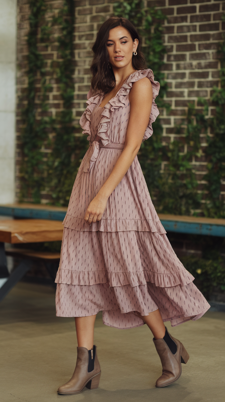 A woman wearing a ruffled dress and ankle boots, walking in a stylish manner.