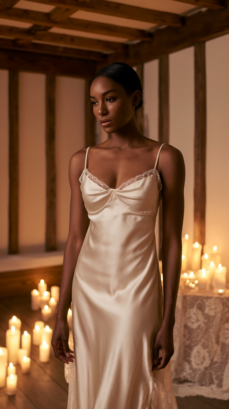 A model wearing a satin slip dress with lace trim, standing among lit candles.