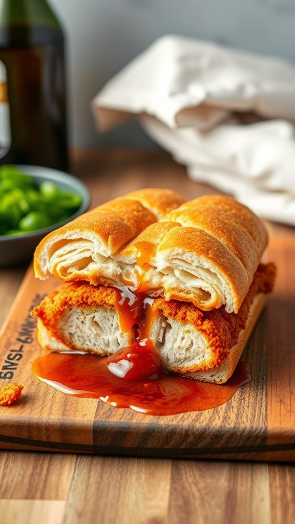 A delicious katsu sandwich with dripping tonkatsu sauce on a wooden board